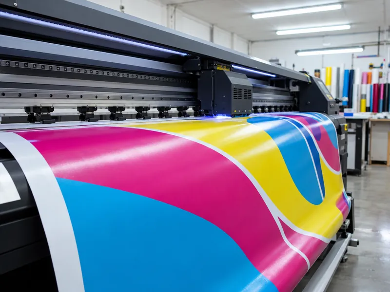 A wide-format printer producing a flex banner